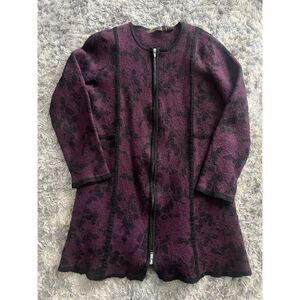 Heather B Jacket Womens L Wool Blend Purple Floral Full Zip Knit Sweater Long